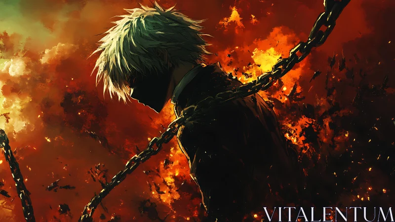 Masked figure in chains against combustive inferno backdrop.