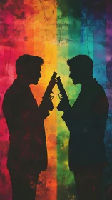 Silhouetted duelists confront each other on grunge rainbow field.