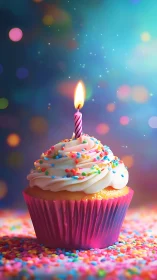 Birthday Cupcake with Lit Candle Against Bokeh Light Array