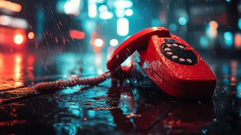 Retro red telephone in neon rain-soaked urban streetscape.
