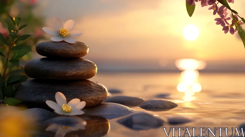 Zen stones and flowers glow in tranquil sunset light.