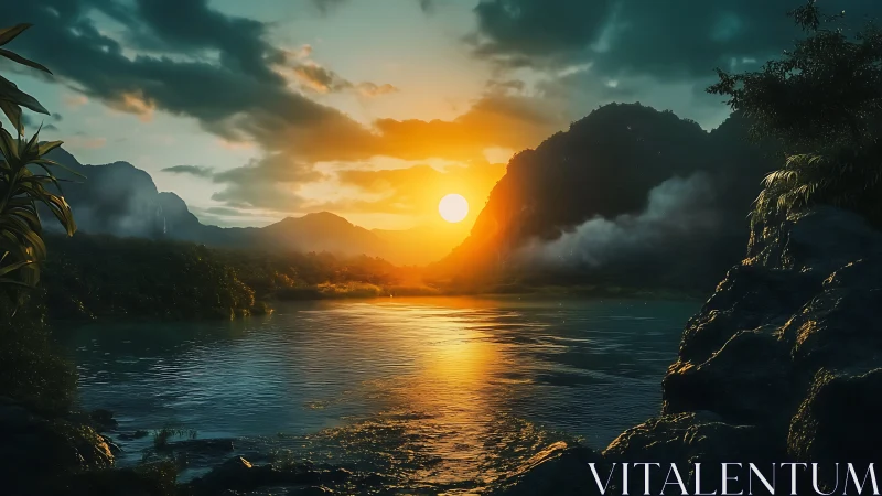 Digital painting sunset over misted jungle river basin panorama.