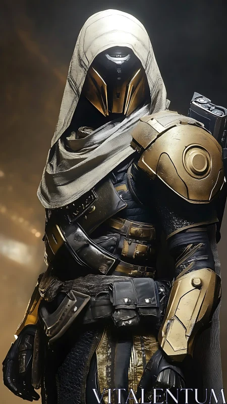 Hooded sci fi guardian in sleek golden battle armor.