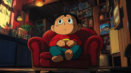 Anime child in red armchair within cluttered wooden attic room