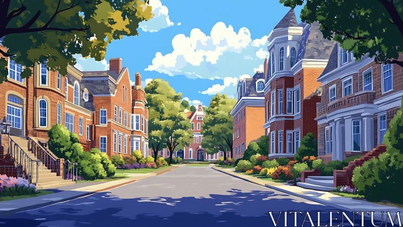 Tree-lined residential street with red brick townhouse rows.