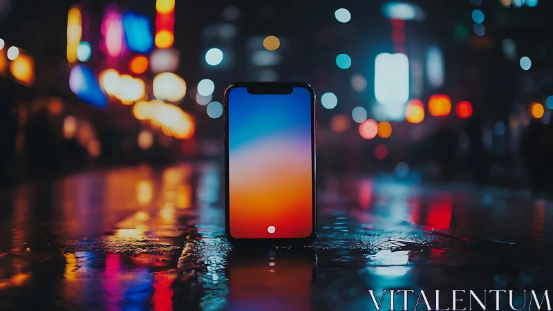 Smartphone standing on wet city street at night scene.