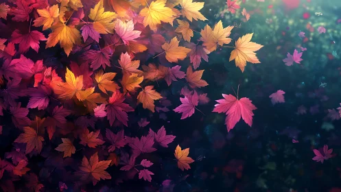 Multicolored maple leaves drifting over dark blurred ground.