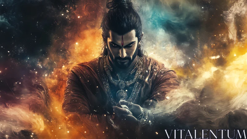 Mythic warrior figure amid swirling cosmic clouds.