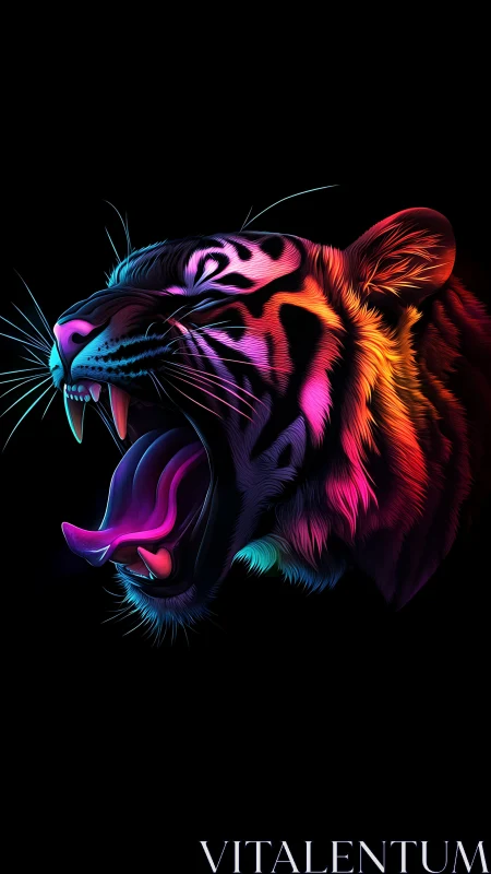 Neon gradient tiger profile with open mouth on black field.