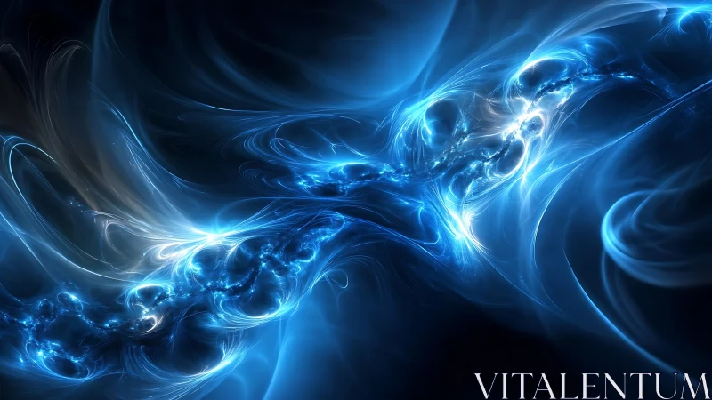 Luminous blue plasma stream in dynamic fractal nebula field.