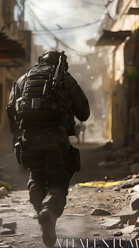 Soldier advances through sunlit war-torn alleyway cautiously.