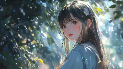 Forest-glimmer girl caught in a hush of painted sunlight.