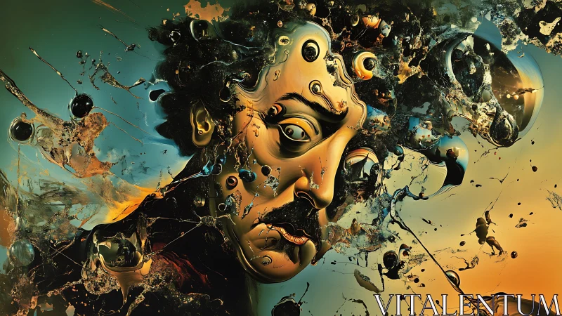 Fragmented humanoid face dissolves in liquid abstraction