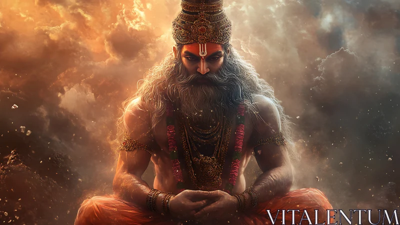 Digital painting of meditative sage in celestial storm light.