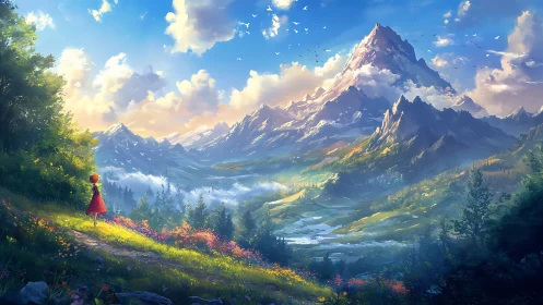 Backlit girl on alpine meadow trail before sunlit mountain range