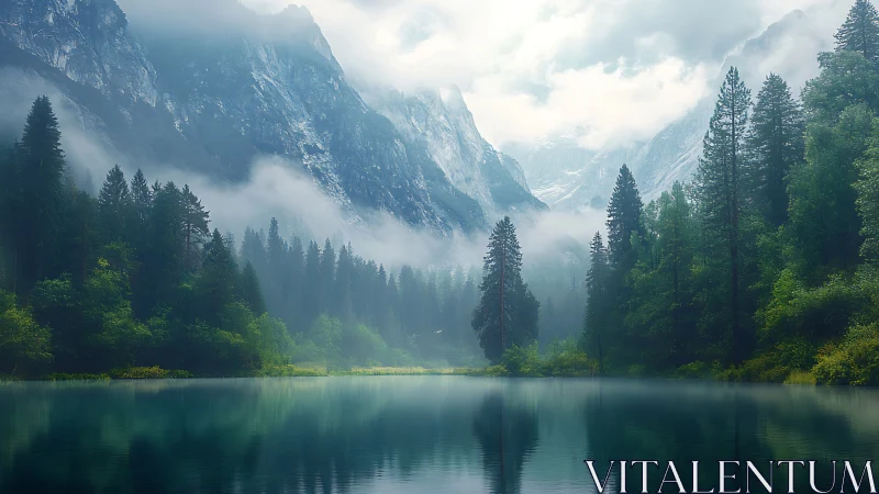 Mist-draped pines trade whispers with glassy glacier lake