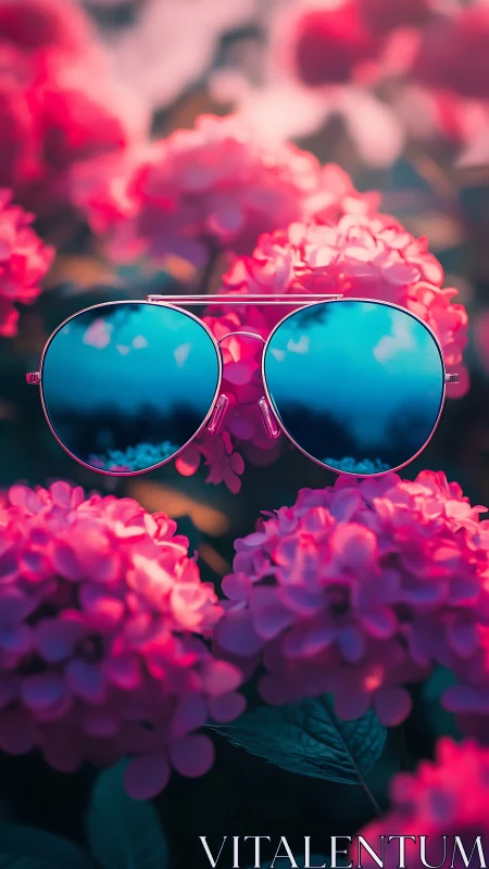 Mirrored aviator sunglasses amid neon pink hydrangeas.
