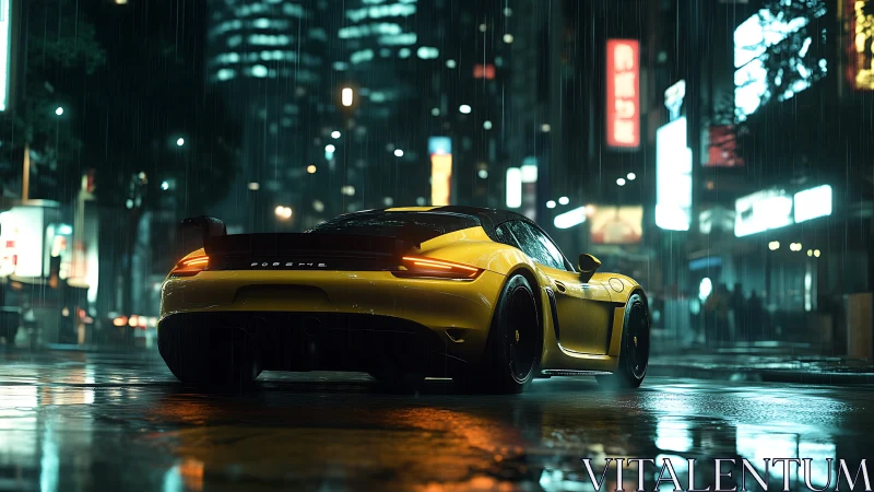 Yellow sports coupe in neon-lit rainy city street at night.
