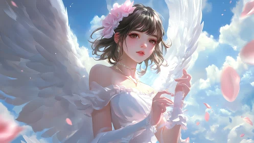 Winged anime girl in white dress against bright sky.
