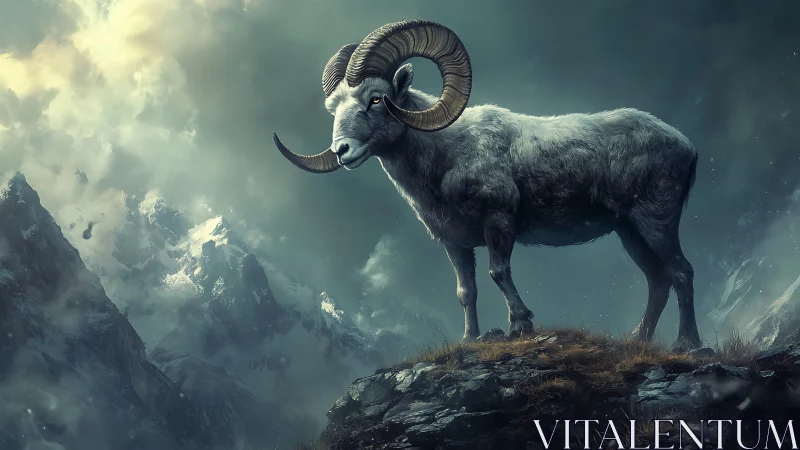 Mountain ram on rocky ridge under overcast sky.