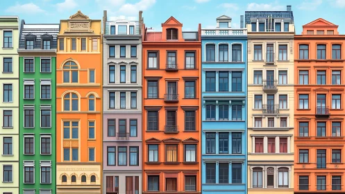 Colorful urban apartment facades in aligned street row.