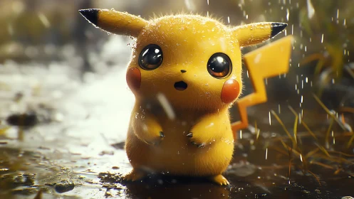 Pikachu stands in shimmering rain with wide, emotional gaze.