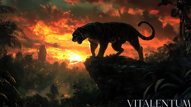 Solitary tiger on jungle cliff at intense red sunset.