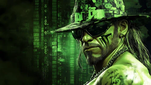 Neon hacker outlaw in green cyber matrix portrait.