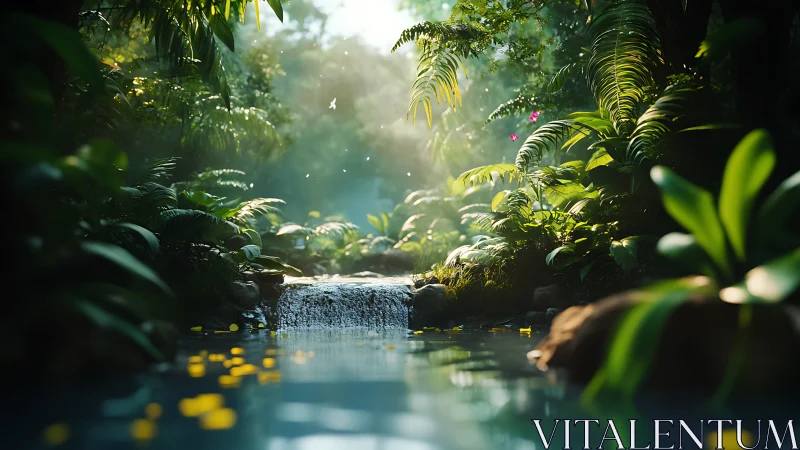 Sunlit jungle pool cradling a tiny, whispering waterfall.