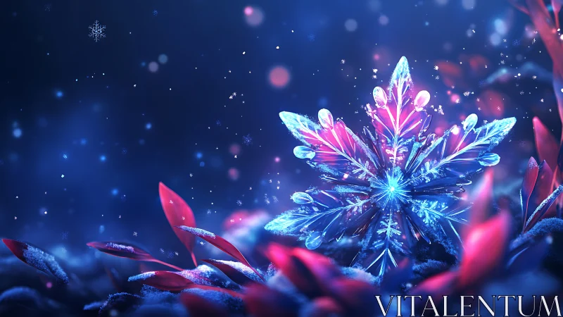 Snowflake structure rests among stylized foliage forms