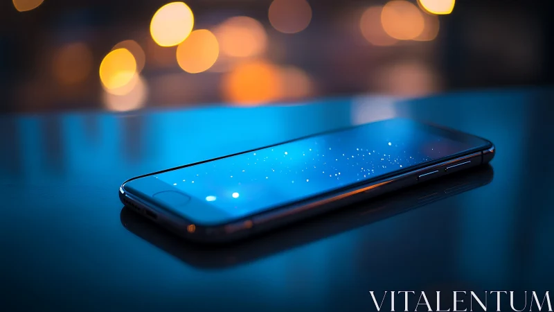 Sleek smartphone reflects city bokeh in cool blue light.