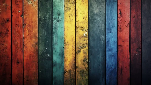 Weathered vertical wood planks display strong color bands