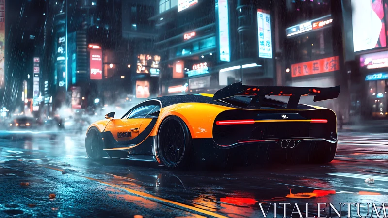 Midnight supercar glides through neon soaked city streets