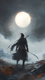 Lone armored samurai under eclipsed full moon with dual katanas