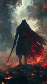 Hooded warrior stands over smoldering ground in dramatic chiaroscuro