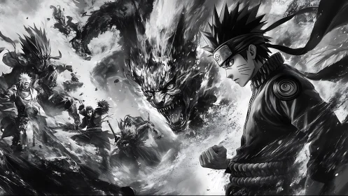 Anime warrior confronts raging demon in monochrome storm