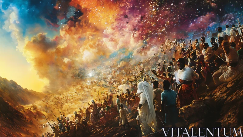 Cosmic exodus of robed pilgrims under nebular starstorm sky