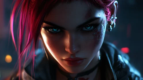 Cyberpunk heroine with scarred skin, neon rim light, and hard focus