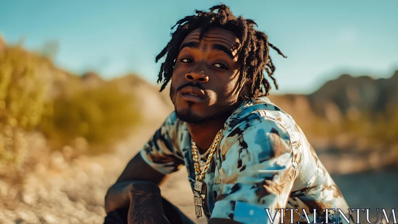 Shallow-depth desert portrait captures subject in warm bokeh