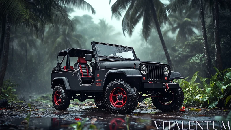 Off-road jeep dominates lush tropical jungle rain trail.
