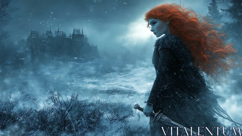 Red-haired warrior overlooking frozen castle in blizzard