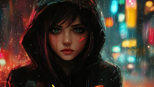Hooded female portrait is rendered against neon city lights