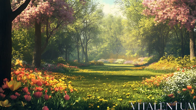 Sunlit spring garden with blooming flowers and lush trees, digital art.