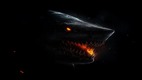 Volcanic cyber-shark profile with emissive jaws ignited.