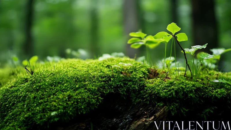 Moss covered log with young green plants in soft forest light.