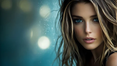 Close portrait of young woman with blue eyes in soft focus.