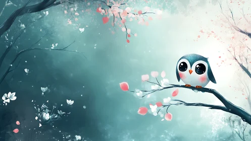 Cute big-eyed owl on blossoming branch, whimsical digital art.
