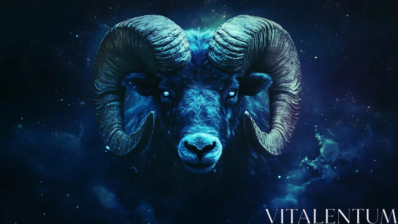 Cosmic ram portrait rendered in luminous blue digital painting