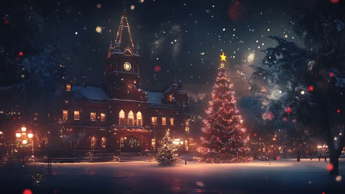 Snowy town square with clocktower and lit Christmas tree