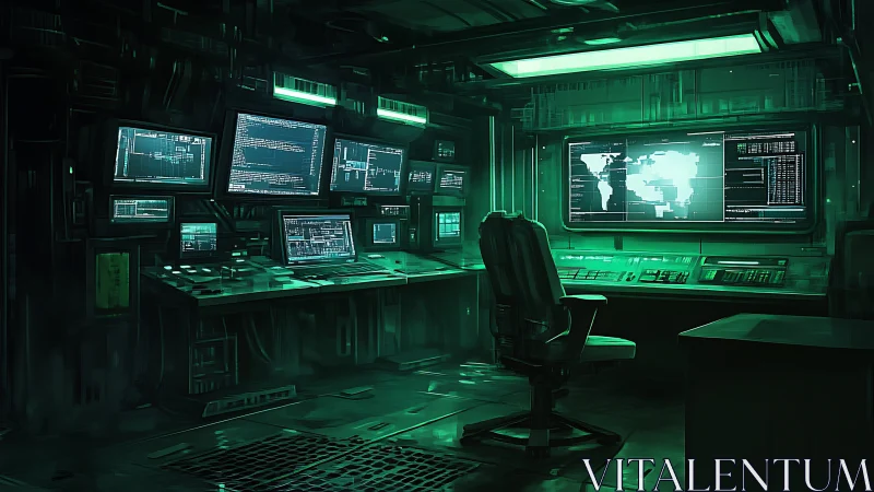 Cyberpunk command center with multi-screen tactical console layout.